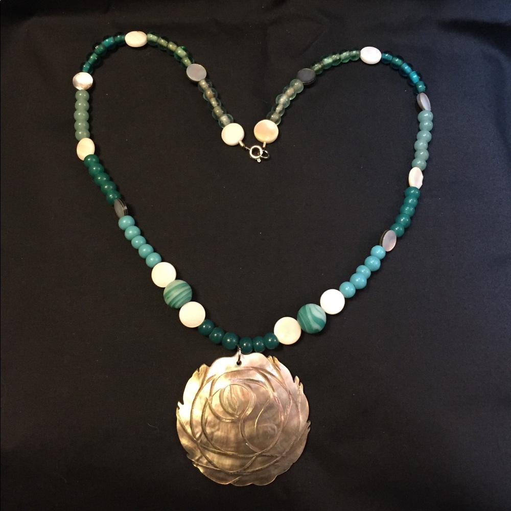 Seagreen Beaded Necklace Mother of Pearl Pendant